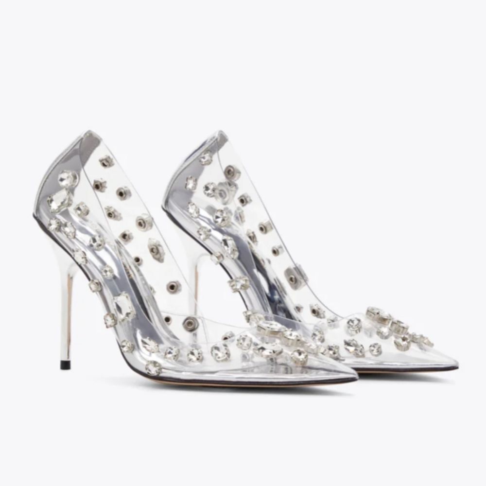 Good American Jeweled Emma Gem Pointy Toe Translucent Stiletto Heels Pumps